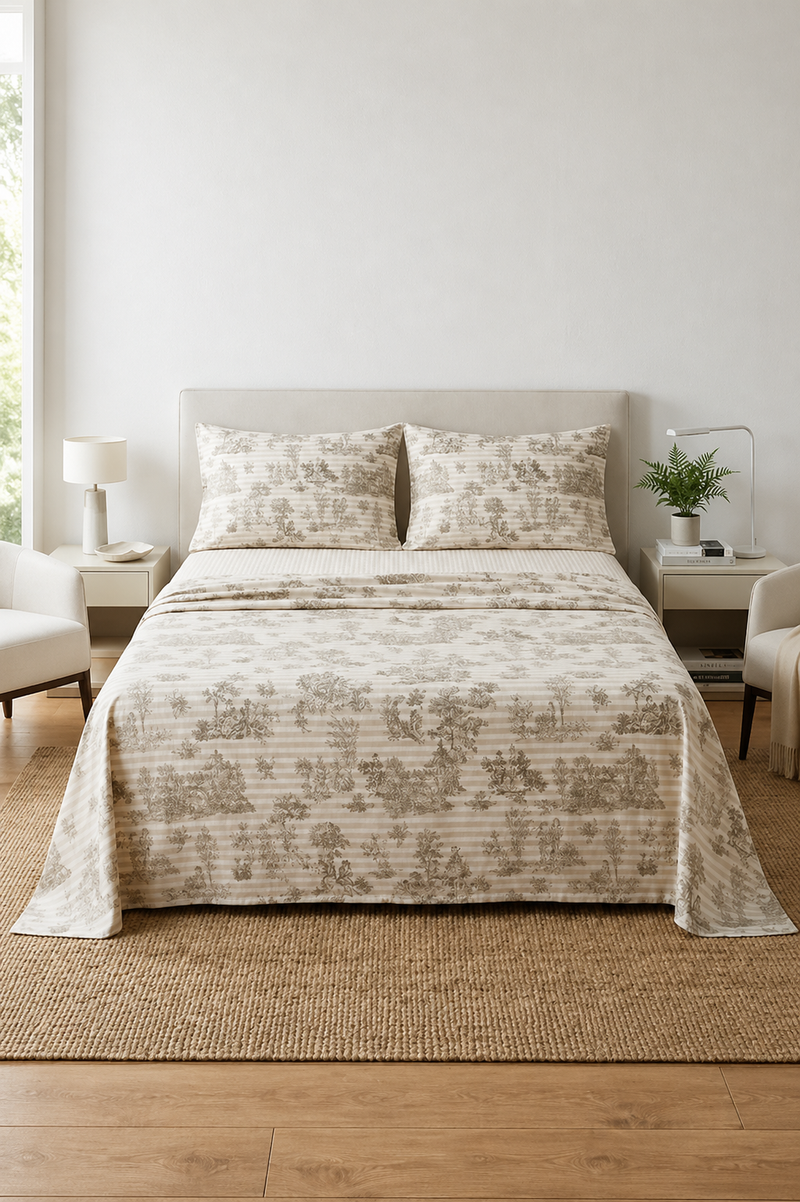 Completo Lenzuola Matrimoniale Toile de Jouy Tortora in Cotone