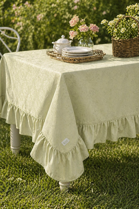 Tovaglia con Balza Flower Garden Verde Salvia 190×250 cm  Nuvole di Stoffa