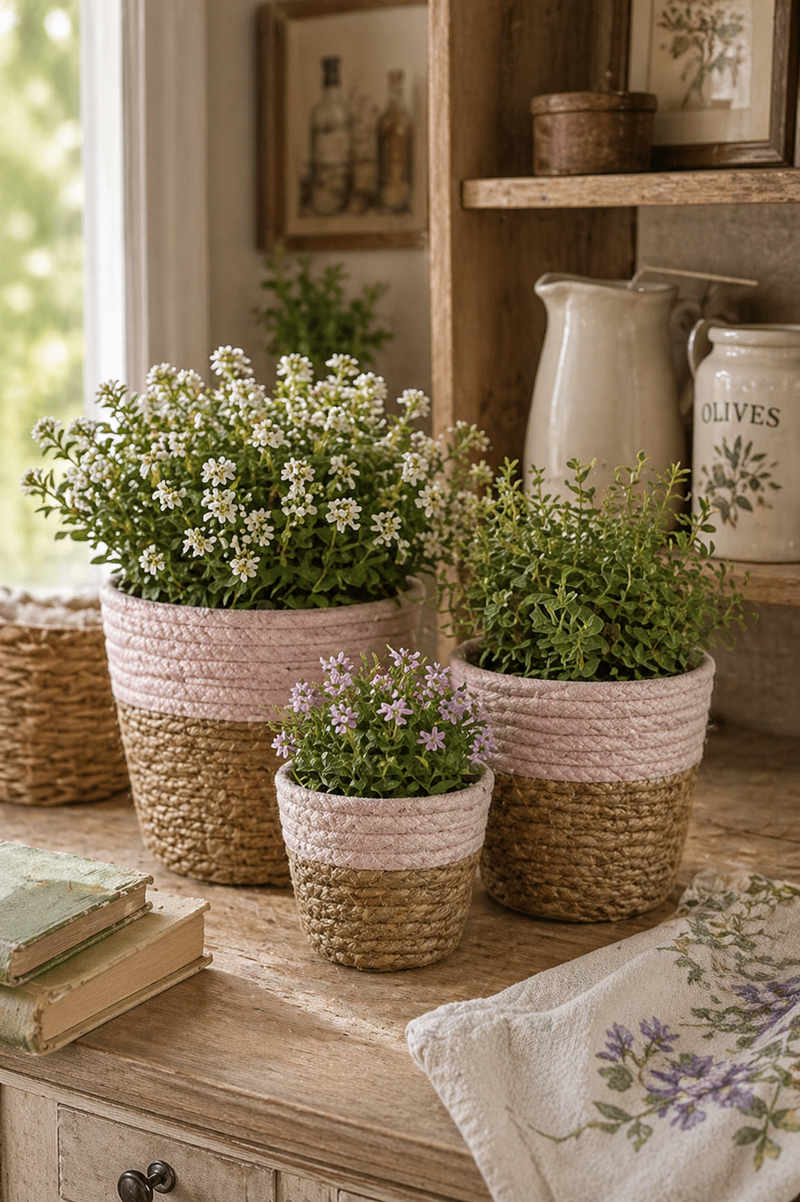 Lot de 3 paniers en corde blanche et rose