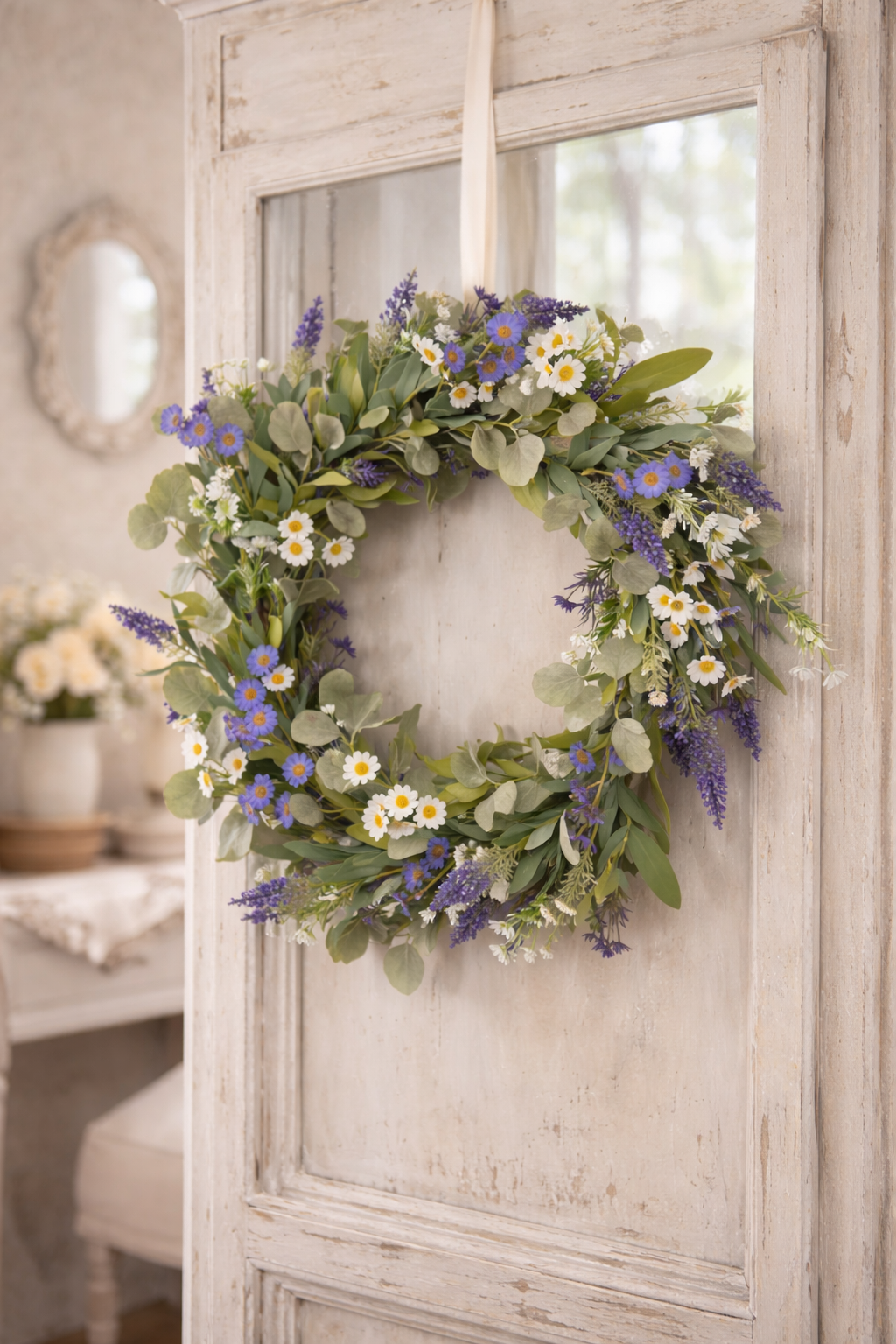 Ghirlanda Primaverile con Margheritine Viola e Bianche