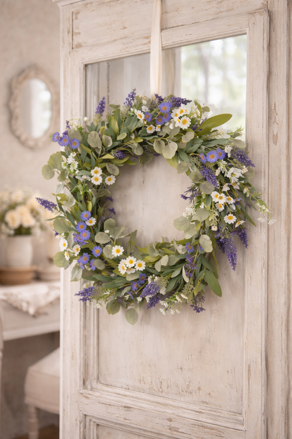 Corona Primaverile con Margheritine Viola e Bianche