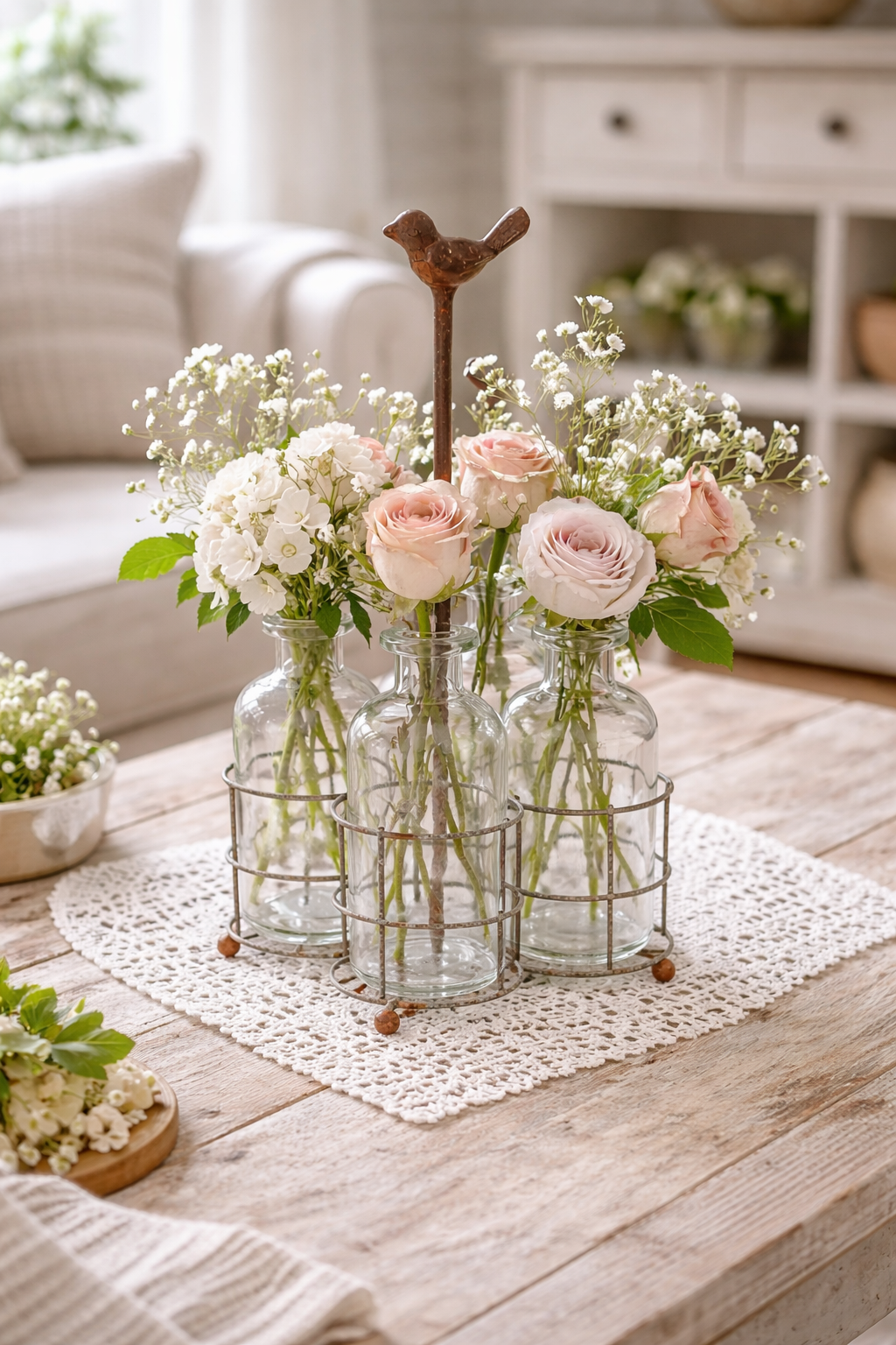 Cestino Portavasetti in Metallo Anticato con 4 Bottiglie in Vetro