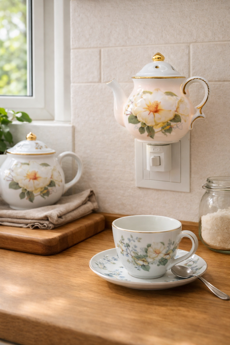 Lampada notturna Teiera in porcellana Magnolia