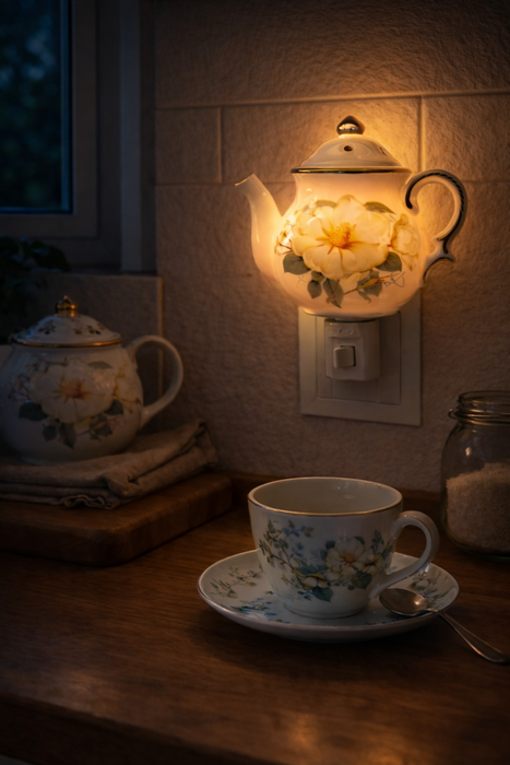 Lampada notturna Teiera in porcellana Magnolia
