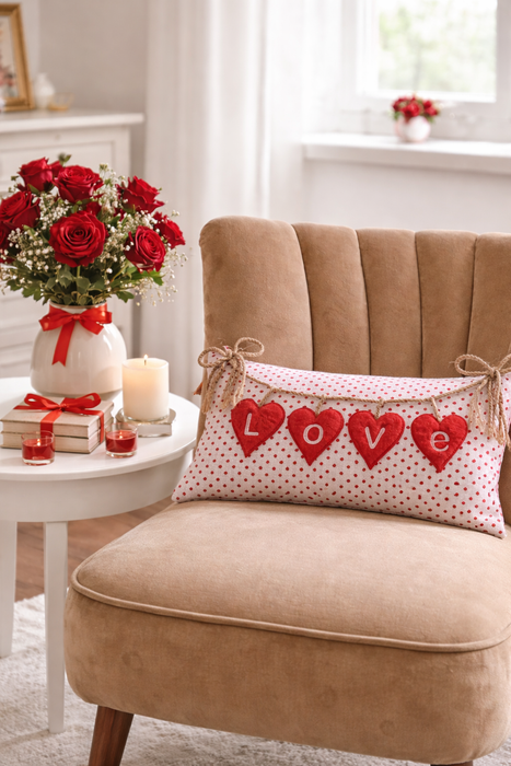 Fodera per Cuscino San Valentino LOVE con Cuori e Rafia