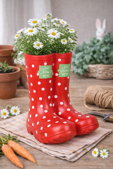 Stivali Decorativi con Pois Rossi “Love Grows Here” – 21,5 cm in Resina