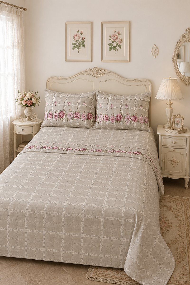 Completo Lenzuola Matrimoniale Chains of Roses Beige in Cotone