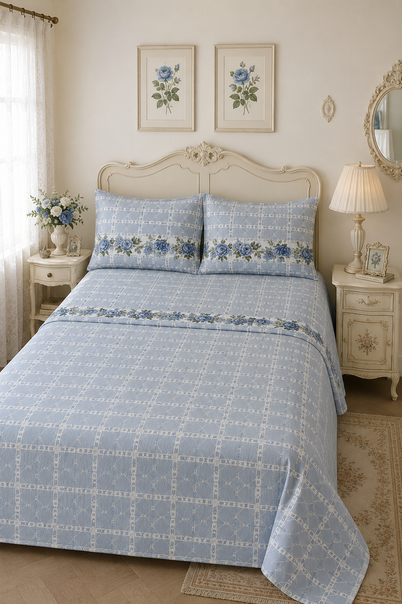 Completo Lenzuola Matrimoniale Chains of Roses Azzurro in Cotone