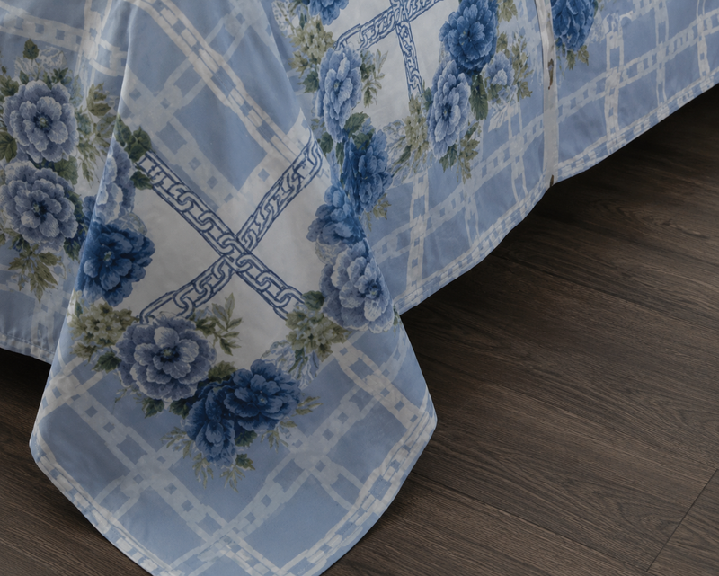 Completo Lenzuola Matrimoniale Chains of Roses Azzurro in Cotone