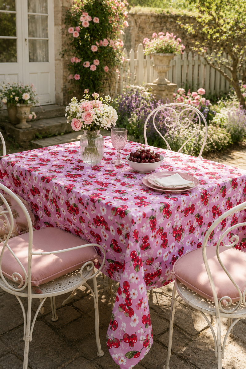 Tovaglia Ciliegie Rosa Antimacchia con Bordino