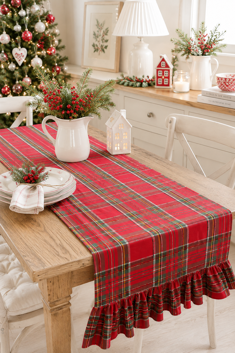 Runner da Tavola Tartan Rosso con Balza in Cotone 50×180 cm