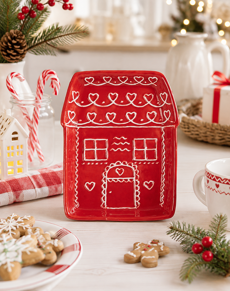 Piatto Natalizio Casetta Rosso 19x16 cm – Clayre & Eef