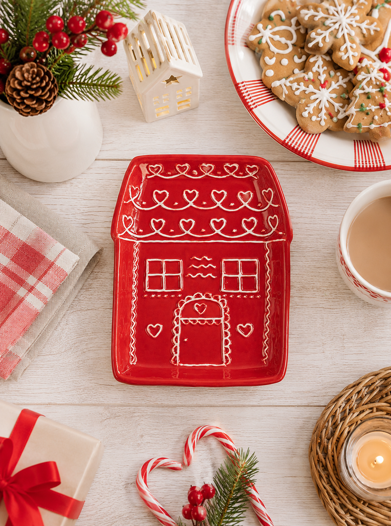 Piatto Natalizio Casetta Rosso 19x16 cm – Clayre & Eef