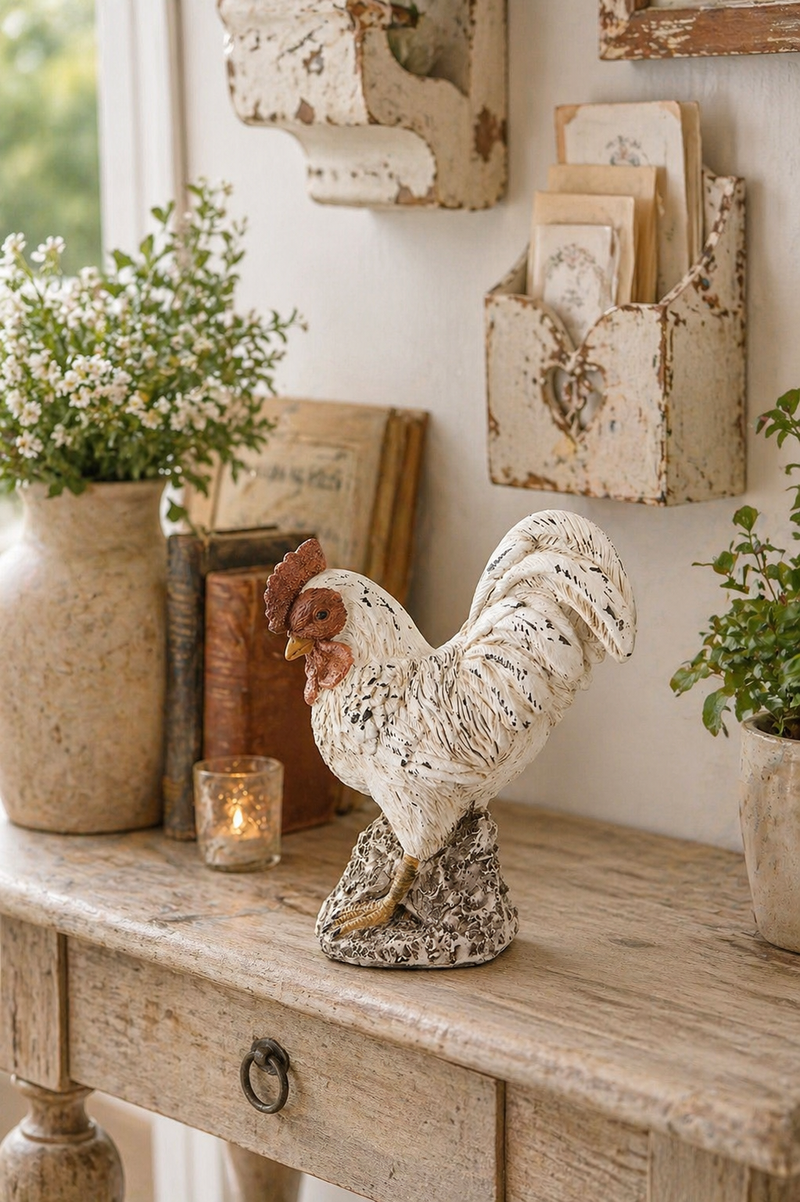 Gallo Decorativo in Poliresina 16x6x16 cm Stile Shabby Chic