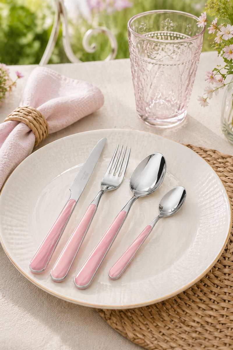 Ensemble de couverts en bois texturé de couleur rose, 24 pièces
