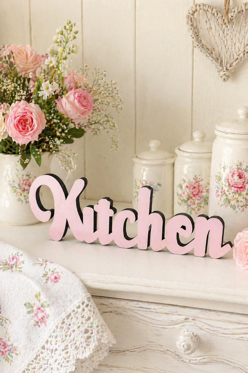 Scritta Kitchen in legno rosa