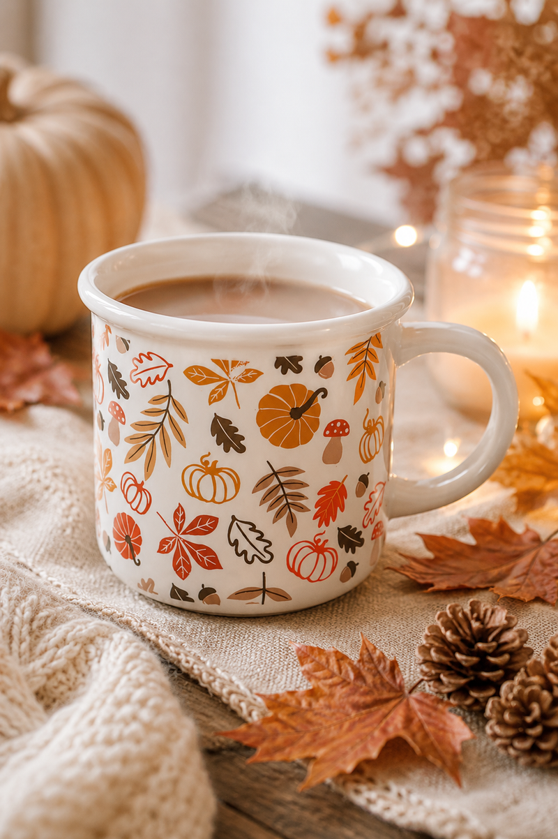 Tazza in Ceramica con Foglie Autunnali e Zucche