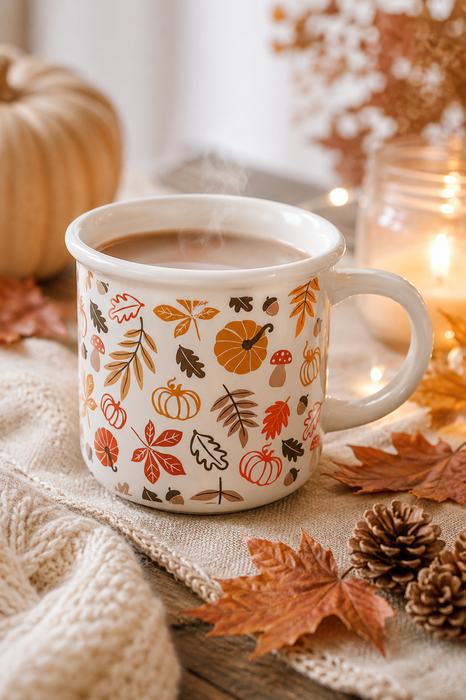 Tazza in Ceramica con Foglie Autunnali e Zucche