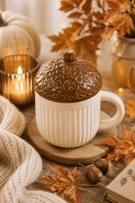 Tazza Ghianda con Coperchio in Ceramica per Tè e Tisane