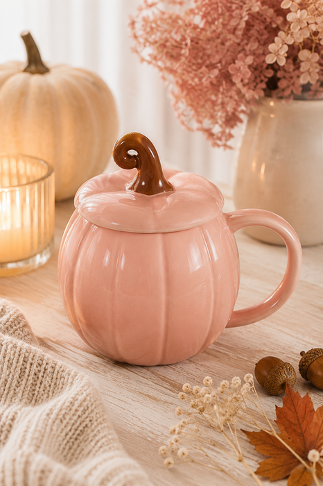 Tazza Zucca Rosa con Coperchio in Ceramica – 500 ml
