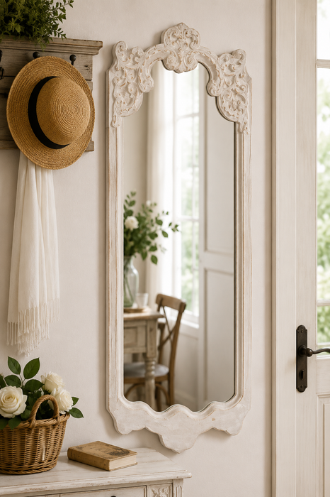 Specchio da Parete con Cornice in Legno Bianco Anticato Nuvole di Stoffa