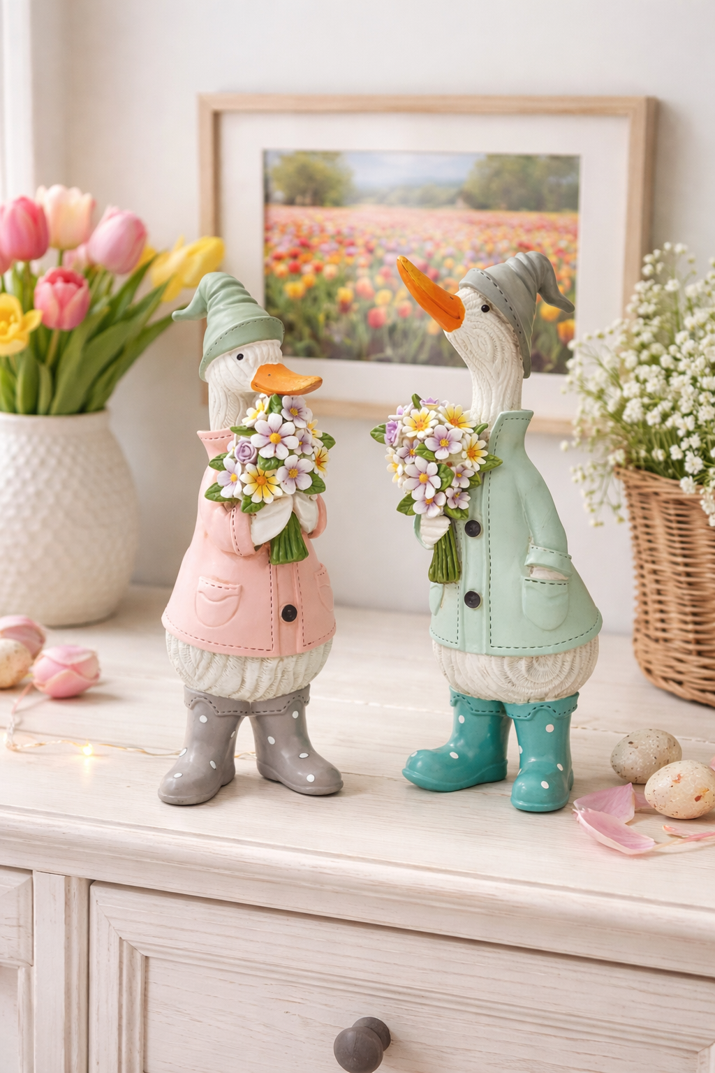 Anatra con mazzo di fiori