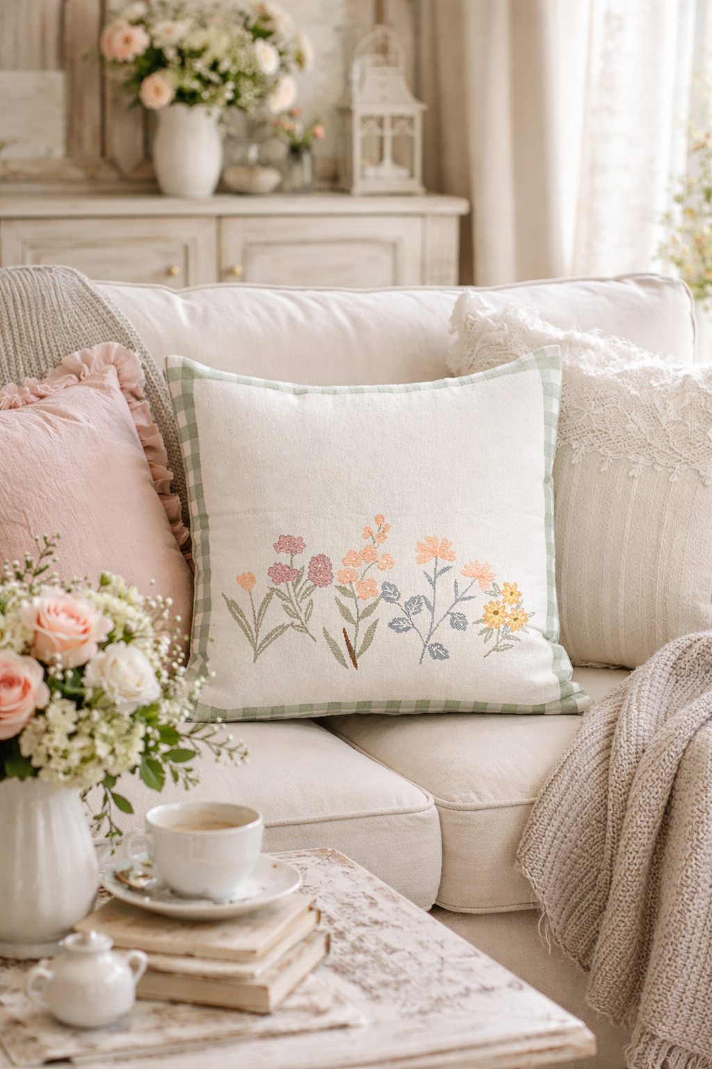 Federa Cuscino 45x45 con Fiori Ricamati