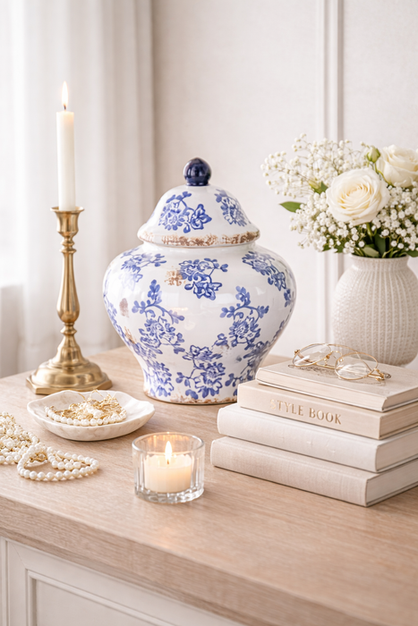 Vaso Decorativo in Ceramica Blu e Bianco con Coperchio