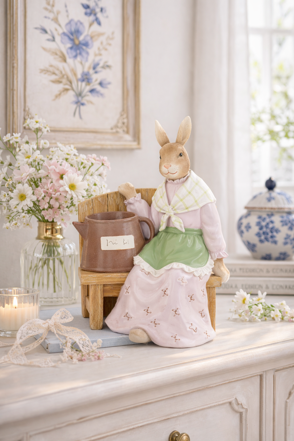 Coniglietto Decorativo Seduto su Panchina – Altezza 19 cm