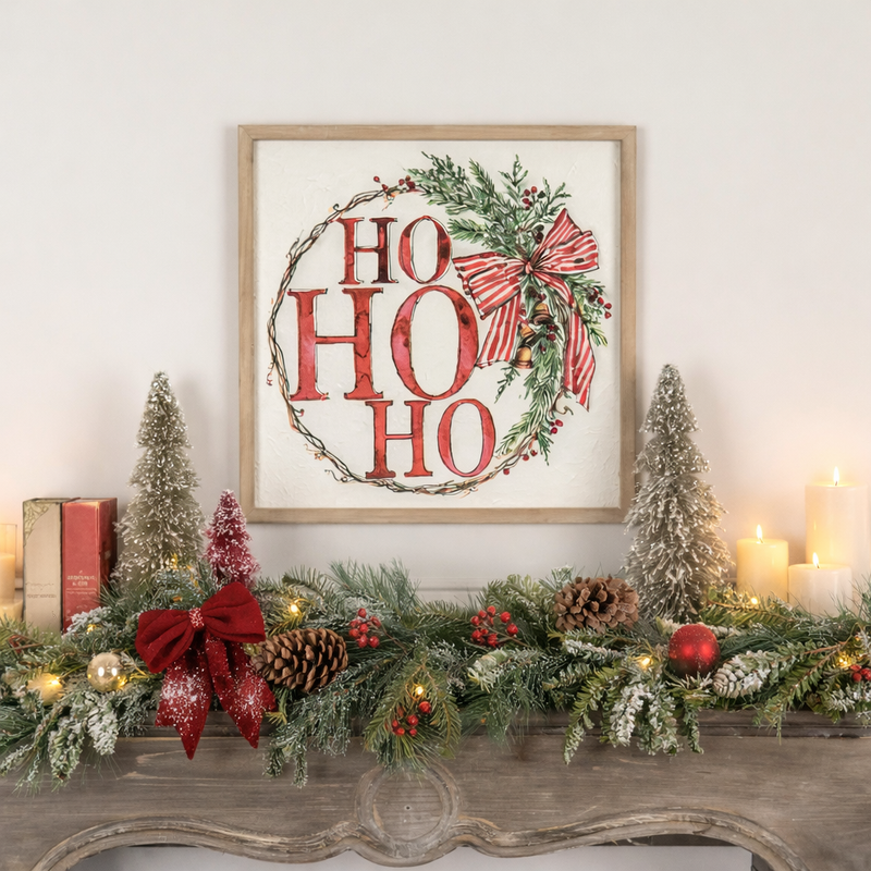 Quadro Decorativo Natalizio “Ho Ho Ho” con Cornice in Legno – 40x1,9x40 cm