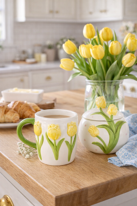 Zuccheriera in Ceramica con Tulipani in Rilievo