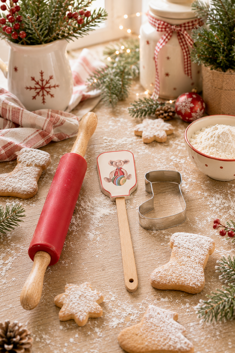Set Cucina Natalizio Vintage con Spatola, Mattarello e Stampino per Biscotti Nuvole di Stoffa