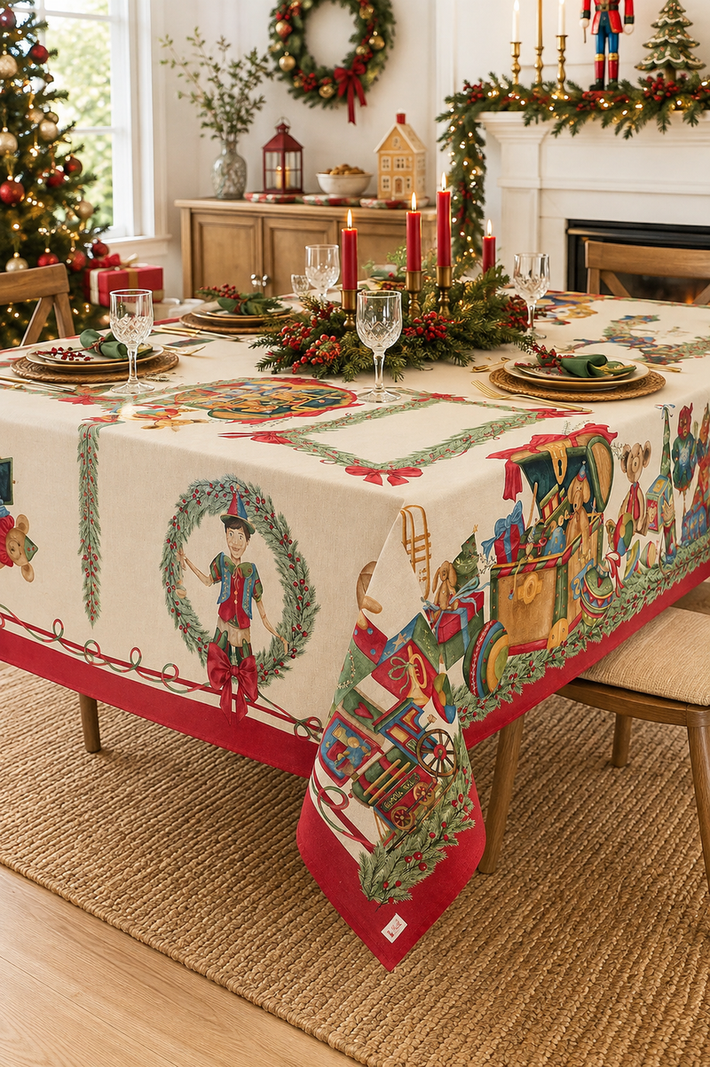 Tovaglia Natalizia Vintage Toys in Cotone 160x 320 cm – Nuvole di Stoffa