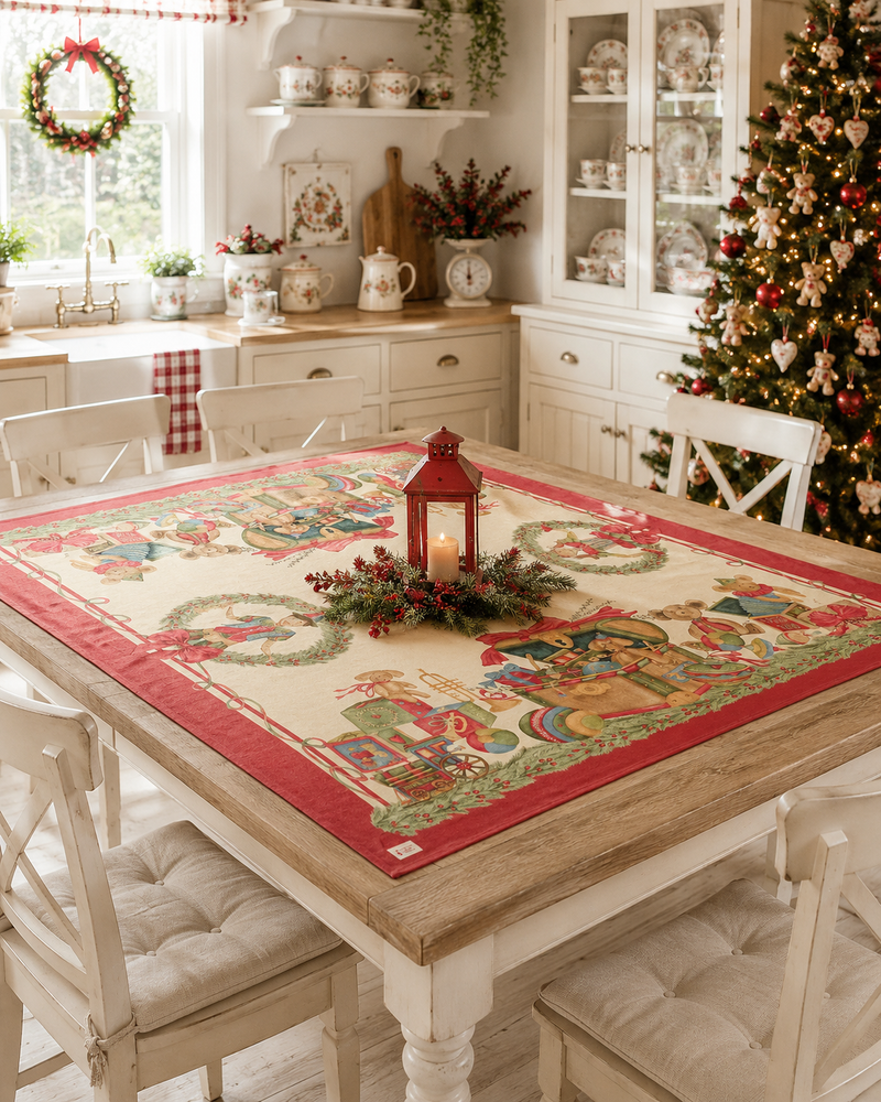 Centrotavola Natalizio Vintage Toys in Cotone 120×120 cm – Nuvole di Stoffa