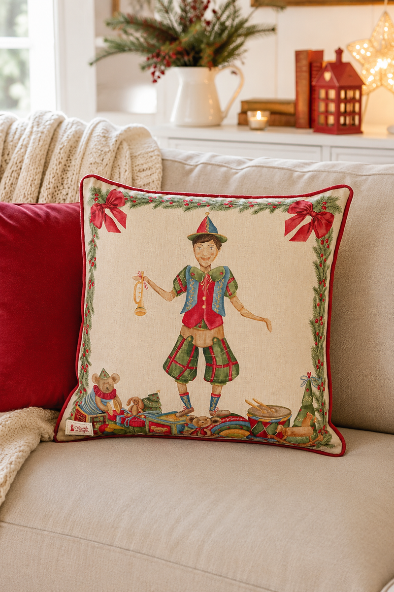 Cuscino Natalizio con Burattino e Retro Tartan 40×40 cm – Nuvole di Stoffa