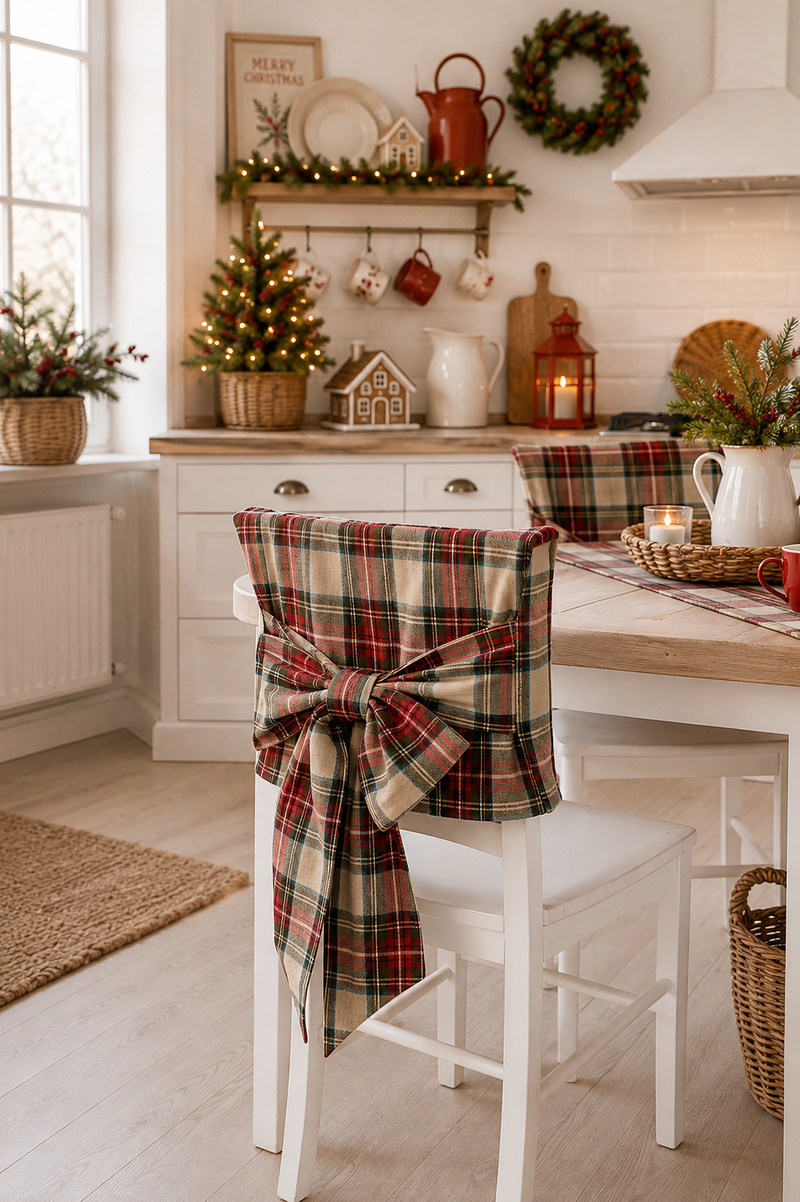 Coprisedia Natalizio Tartan con Fiocco in Cotone 50×30 cm – Nuvole di Stoffa