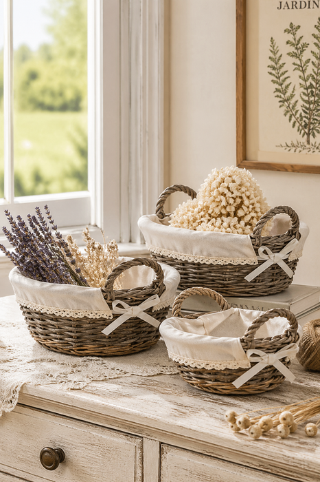 Set of 3 beige wicker baskets