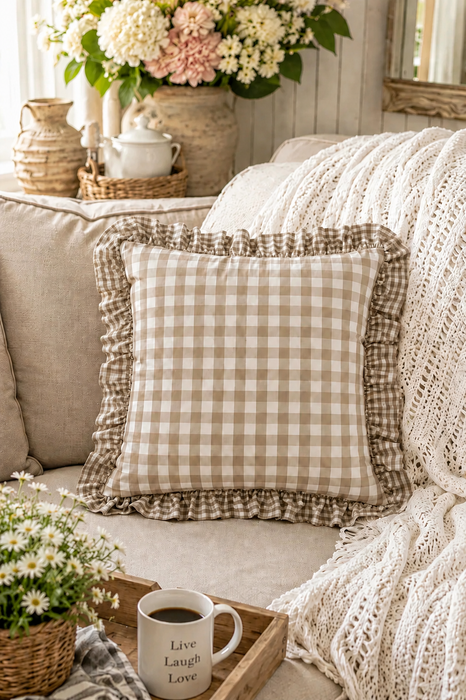 Federa Cuscino Quadri Fango 40x40 cm con Volant Stile Cottage
