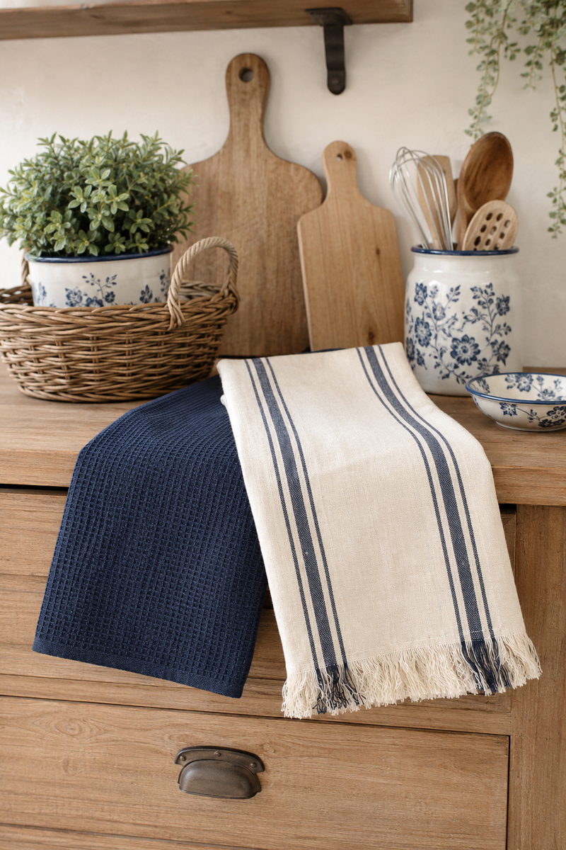 Set 2 Strofinacci Cucina Vintage Blu e Righe