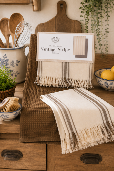 Set 2 Strofinacci Cucina Country a Righe Tortora e Tinta Unita –