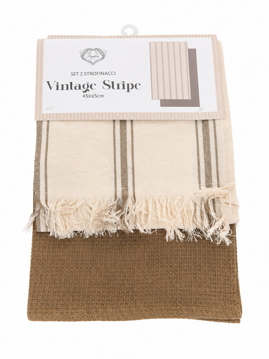 Set 2 Strofinacci Cucina Country a Righe Tortora e Tinta Unita –