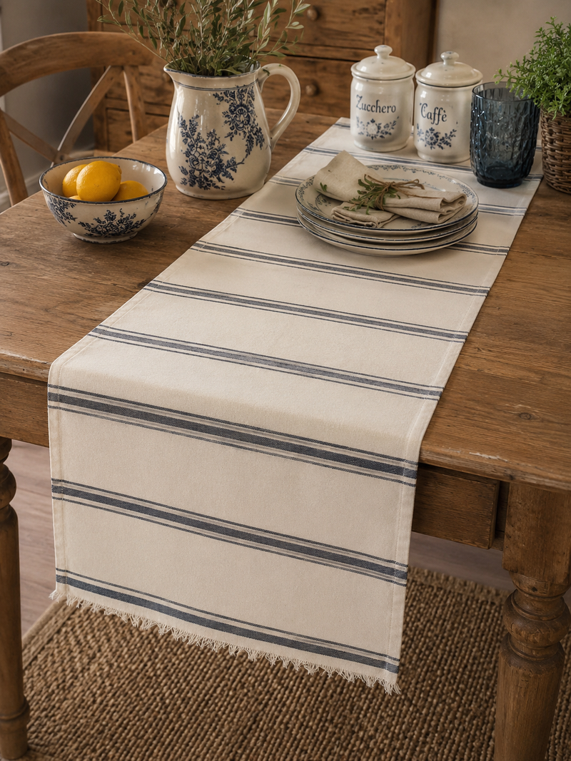 Runner da Tavola Vintage Country a Righe Blu su Fondo Beige Naturale
