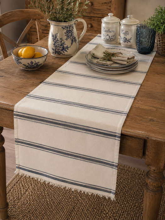Runner da Tavola Vintage Country a Righe Blu su Fondo Beige Naturale