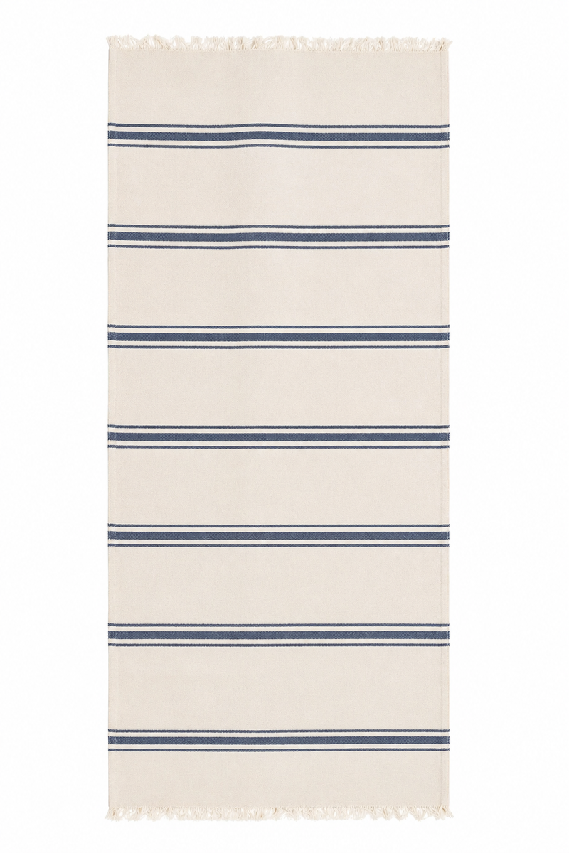 Runner da Tavola Vintage Country a Righe Blu su Fondo Beige Naturale
