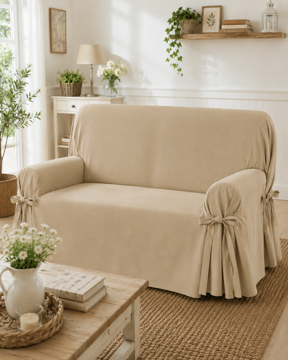 Copridivano 4 Posti in Tessuto Panama Beige con Fiocchi