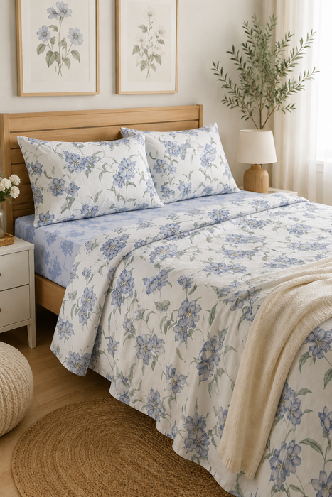Completo Lenzuola Matrimoniale Magnolia Azzurro  Fantasia Floreale