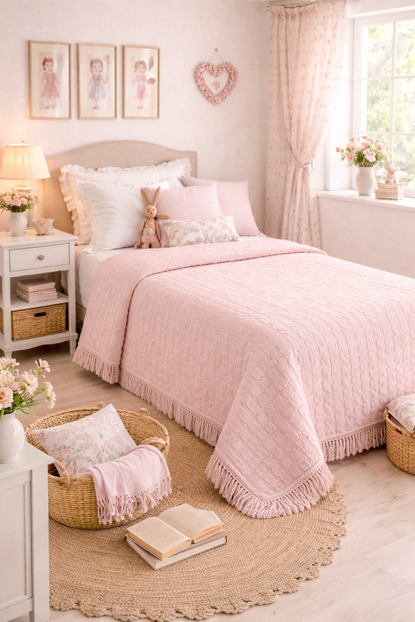 Trapuntino Una Piazza e Mezza Rosa con Frange Blanc Mariclò 220x260 cm