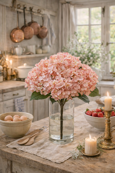 Mazzo di Ortensie artificiali rosa EDG – 5 fiori con foglie altezza 45 cm