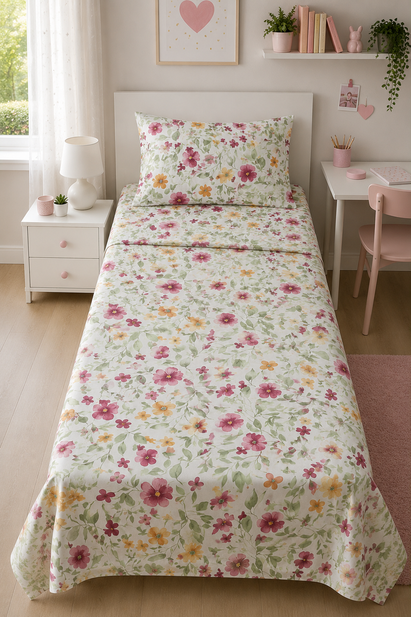 Completo Lenzuola Singolo Fantasia Floreale Rosa
