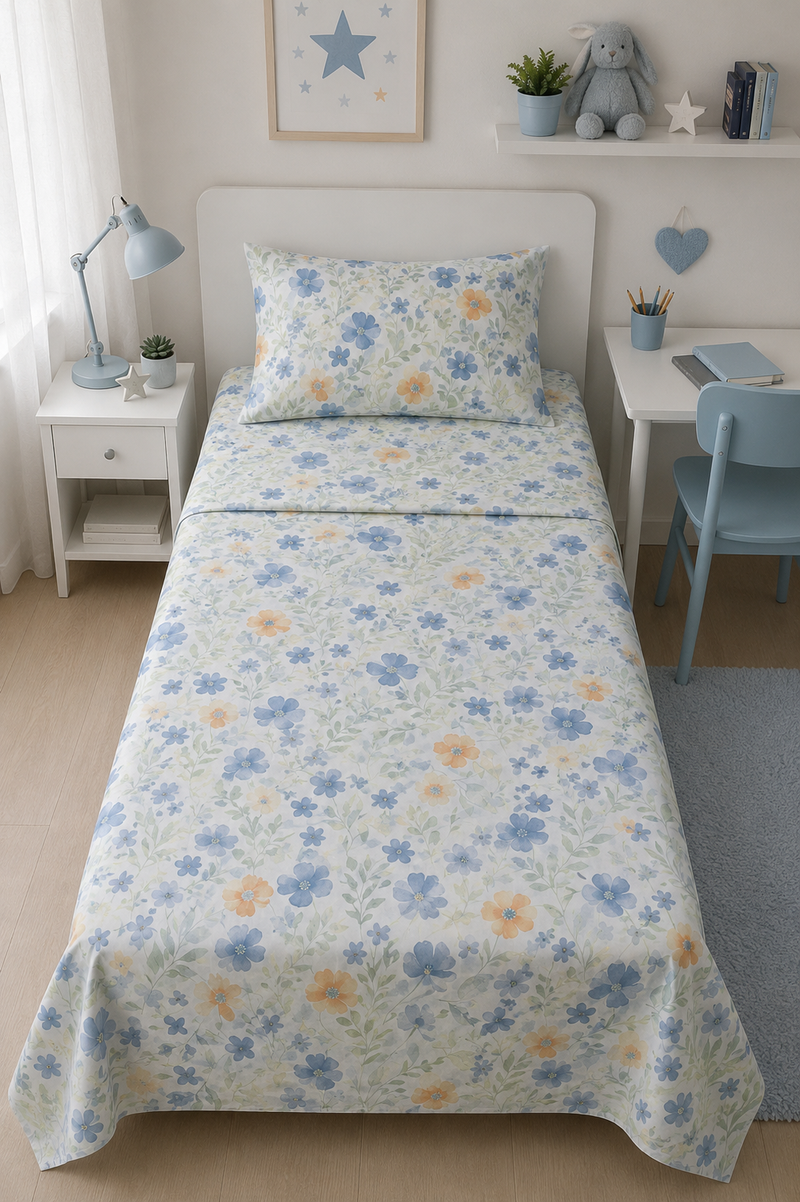 Completo Lenzuola Singolo Fantasia Floreale Azzurro